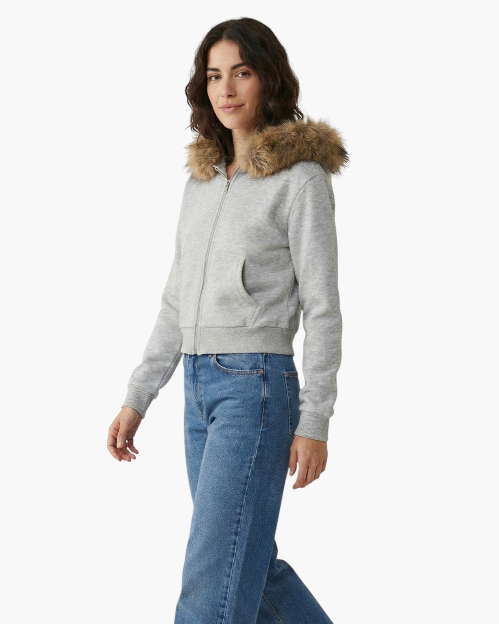 Cropped Zip-Up Hoodie With Faux Fur Trim Hood