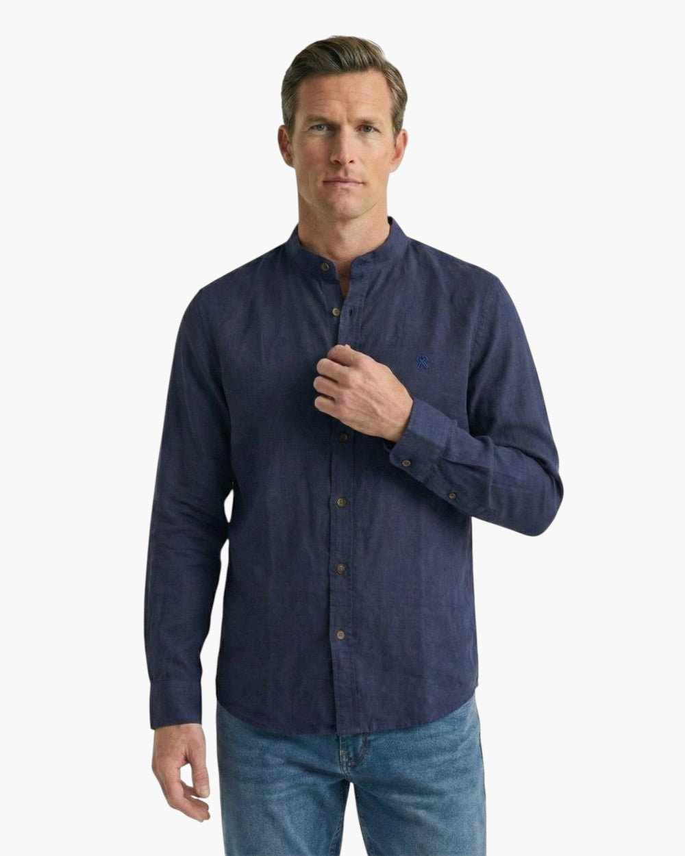 Long-Sleeve Band Collar Shirt With Contrast Buttons