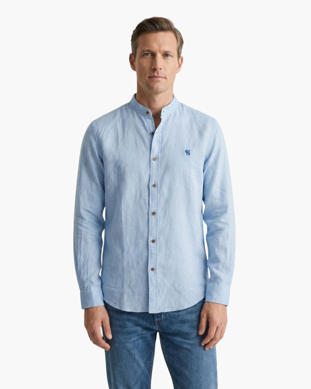 Long-Sleeve Band Collar Shirt With Contrast Buttons
